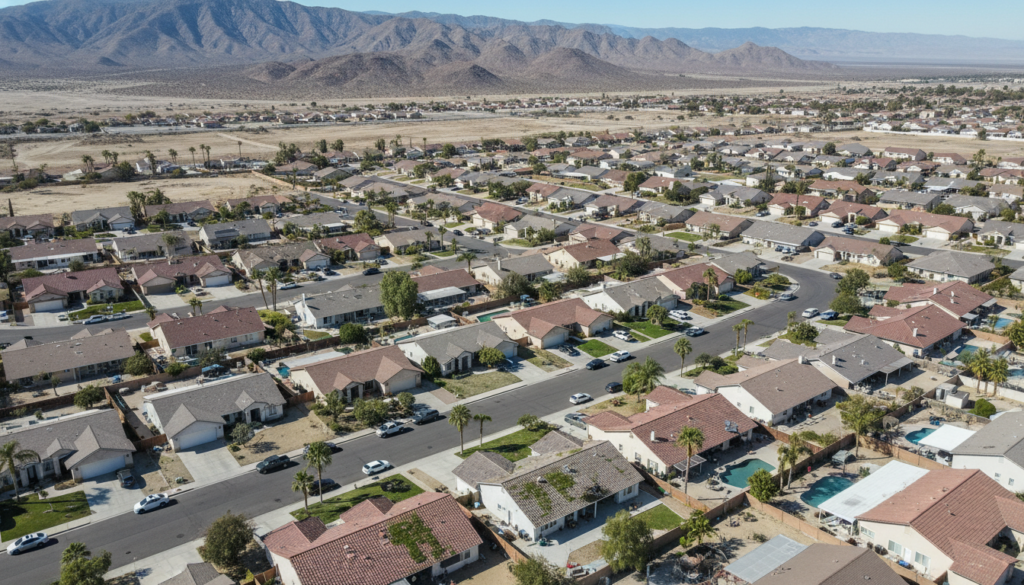 Aerial view of Hemet neighborhood showing roofing patterns and local landscape