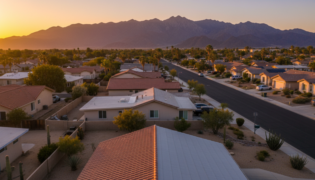 Beautiful sunset over Hemet homes with well-maintained roofs