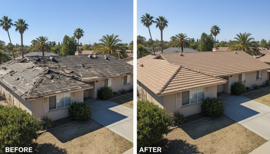 Before and after comparison of a roof replacement in Hemet CA showing dramatic improvement