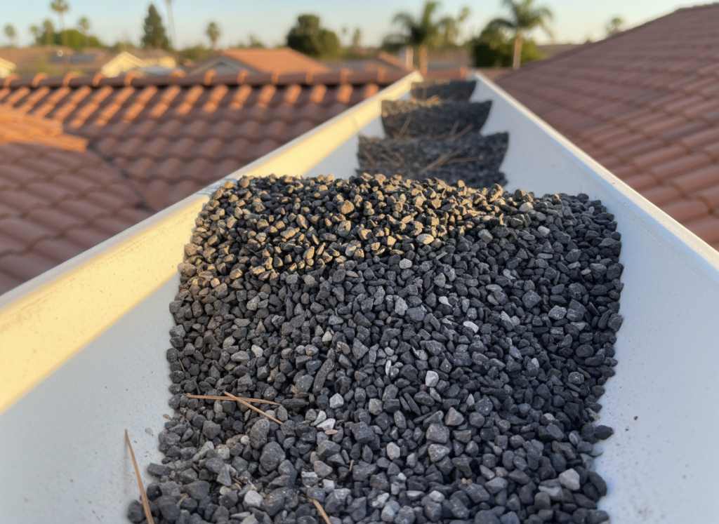 Granule loss in gutters from a heat-damaged roof in Hemet, CA