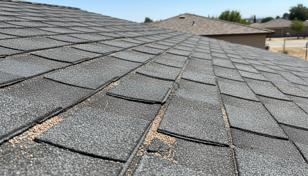 Heat-damaged asphalt shingles on a Hemet, CA home showing cracking and curling from extreme temperatures. [Keyword: roof replacement Hemet CA]