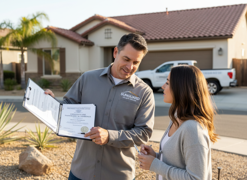 Professional roofing contractor inspecting a Hemet home with proper safety equipment