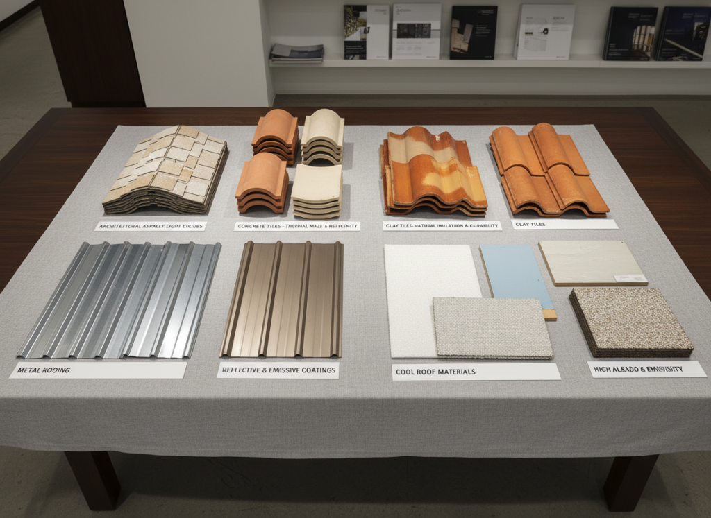 Various roofing material samples suitable for Hemet's extreme climate