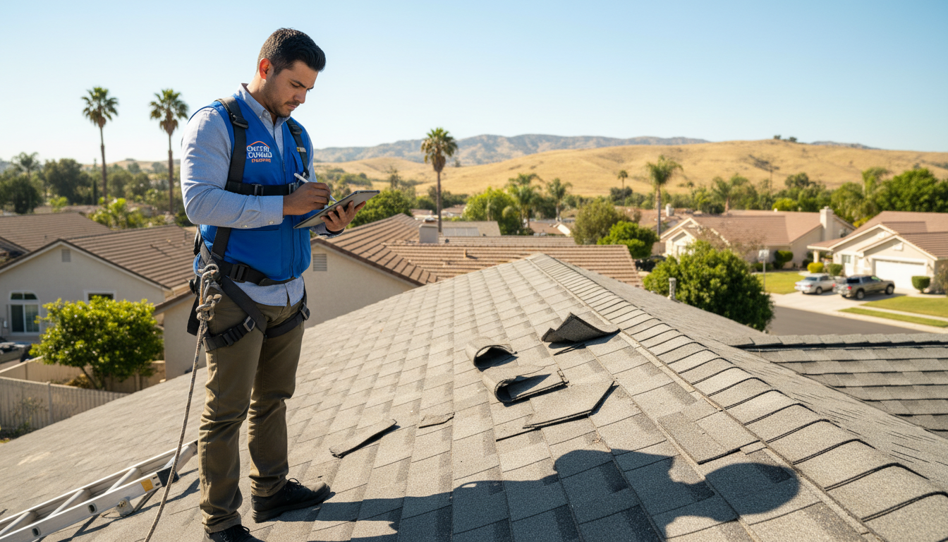 A professional roofing contractor from Outer Shield Roofing wearing a branded vest, standing on a residential roof in Hemet, California, inspecting wind-damaged shingles and taking notes on a tablet during a sunny day.