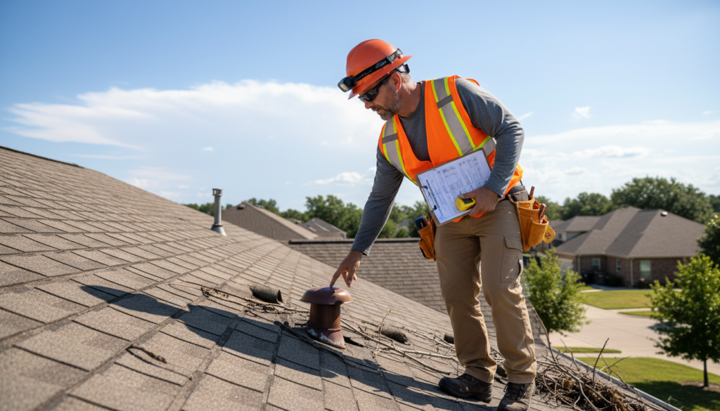 A professional roofing contractor wearing a safety vest and carrying a clipboard, inspecting a residential asphalt shingle roof after a storm, sunny day, high detail, realistic style. A professional roofing contractor wearing a safety vest and carrying a clipboard, inspecting a residential asphalt shingle roof after a storm, sunny day, high detail, realistic style.