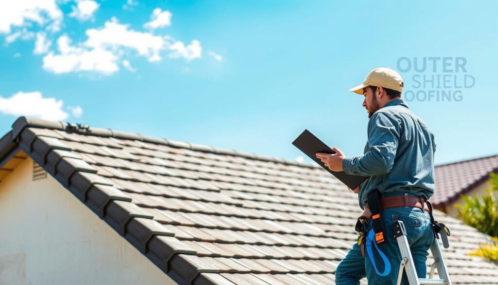 A certified roofing inspector in professional attire examines a residential roof covered with asphalt shingles under the bright sun of Hemet. The inspector is equipped with a clipboard and a tool belt, carefully assessing the roof's condition from a ladder placed at an angle, capturing details of the shingles and flashing. In the background, a clear blue sky and a few scattered clouds contrast with the vibrant greenery of a well-maintained yard, highlighting the importance of home maintenance. Soft, natural lighting illuminates the scene, creating a realistic and engaging atmosphere that emphasizes professionalism and diligence. The brand name "Outer Shield Roofing" is subtly integrated into the inspector's gear, reinforcing the commitment to quality.