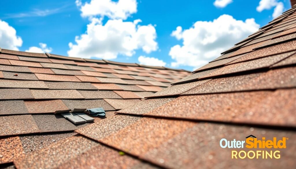 A close-up view of asphalt shingles on a residential roof, showcasing the texture and color variations of the shingles. In the foreground, highlight a small section of damaged shingles, with curling edges and faint discoloration, indicative of heat-related wear. The middle ground features a broader view of the intact roof, capturing the overall structure and alignment of the shingles. In the background, a bright blue sky with a few fluffy clouds creates a warm, sunny atmosphere that emphasizes the summer heat. The lighting is soft and natural, casting gentle shadows that highlight the details of the roofing material. Add an unobtrusive logo of "Outer Shield Roofing" in the lower corner to indicate roofing expertise without overpowering the image.