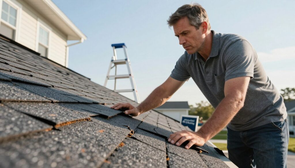 A concerned homeowner inspecting his roof wearing a t-shirt
