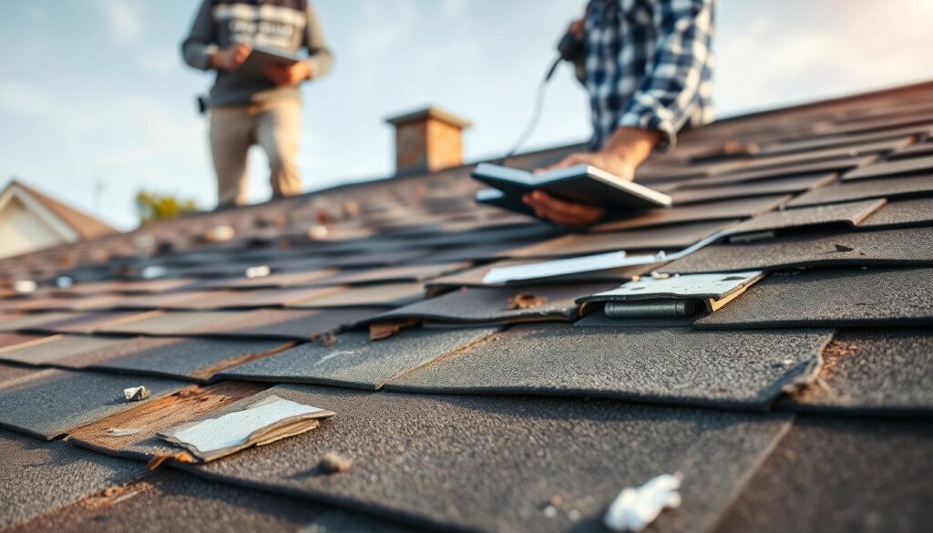 A detailed and realistic image depicting common signs of roofing damage, focusing on a residential setting. In the foreground, show worn-out asphalt shingles with missing pieces, curling edges, and signs of discoloration from weather wear. In the middle, include a close-up view of a professional roofing inspector in modest casual clothing examining the roof with a clipboard and a flashlight, highlighting the importance of roof maintenance. In the background, capture a clear sky with the soft glow of late summer sunlight, enhancing the mood of proactive care. The branding "Outer Shield Roofing" should be subtly visible on the inspector's clipboard or shirt, emphasizing expertise. Ensure a balanced composition and natural colors to evoke a sense of urgency and professionalism in roof maintenance.