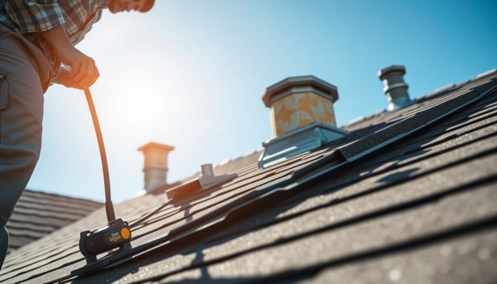 A detailed inspection of residential roof flashing and penetrations in Southern California, focusing on the intricate details of asphalt shingles and metal flashing. In the foreground, showcase a skilled professional in modest casual clothing, carefully examining the flashing that seals the roof edges and openings. In the middle ground, highlight various roof penetrations, such as plumbing stacks and vent pipes, emphasizing their importance in maintaining a watertight seal. The background should depict a clear blue sky typical of Southern California, accentuating the overall bright atmosphere of the day. Use natural sunlight to create vivid shadows and depth, capturing a realistic roofing repair scene. Include a subtle logo of "Outer Shield Roofing" on the inspection equipment to represent professionalism in roofing services.