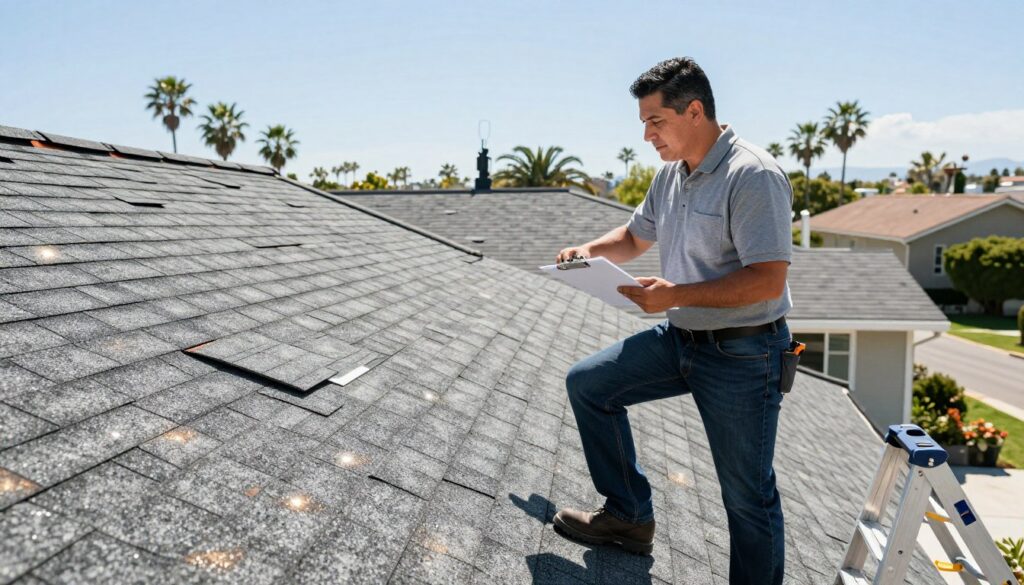 A professional roofing contractor stands on a hot summer day