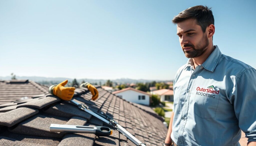 An experienced roofing contractor stands confidently on a residential rooftop, showcasing expertise in roofing repairs and inspections. Clad in professional business attire, he examines a section of asphalt shingles under the bright California sun. The foreground features his focused expression and sturdy work gloves, illustrating dedication to quality. In the middle ground, tools and materials are neatly arranged, emphasizing organization and professionalism. The background reveals a clear blue sky and a picturesque Hemet neighborhood, highlighting the warm climate. The lighting is bright and natural, casting soft shadows that enhance the details of the roofing work. The mood conveys reliability and trustworthiness, as represented by the logo of "Outer Shield Roofing" prominently displayed on his shirt.