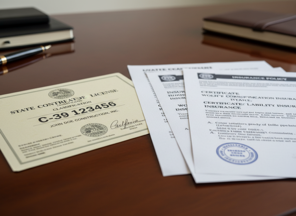 California contractor license and insurance certificates for roofing contractor verification