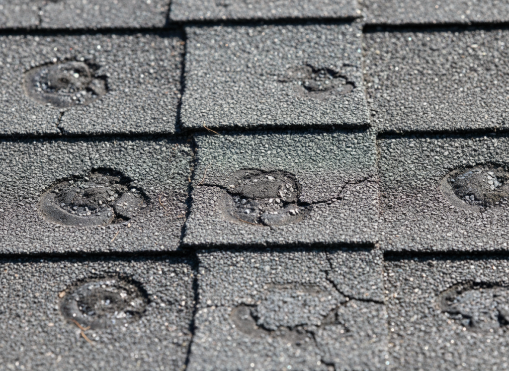 Close-up of hail damage on asphalt shingles showing impact points and granule loss from storm damage requiring roof replacement evaluation