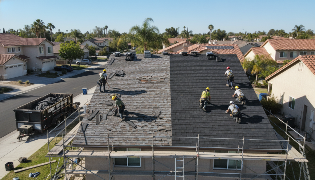 Complete storm damage roof replacement project in progress showing new shingles installation on Hemet California home after severe weather damage