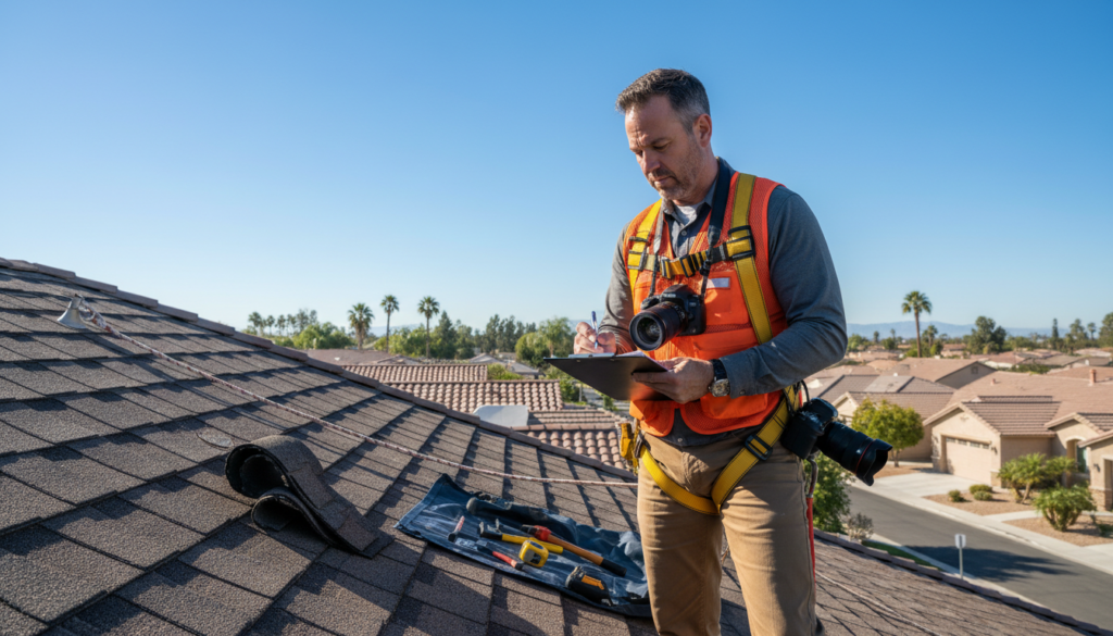 Professional roof inspector examining storm damage on Hemet home documenting damage for roof replacement versus repair assessment