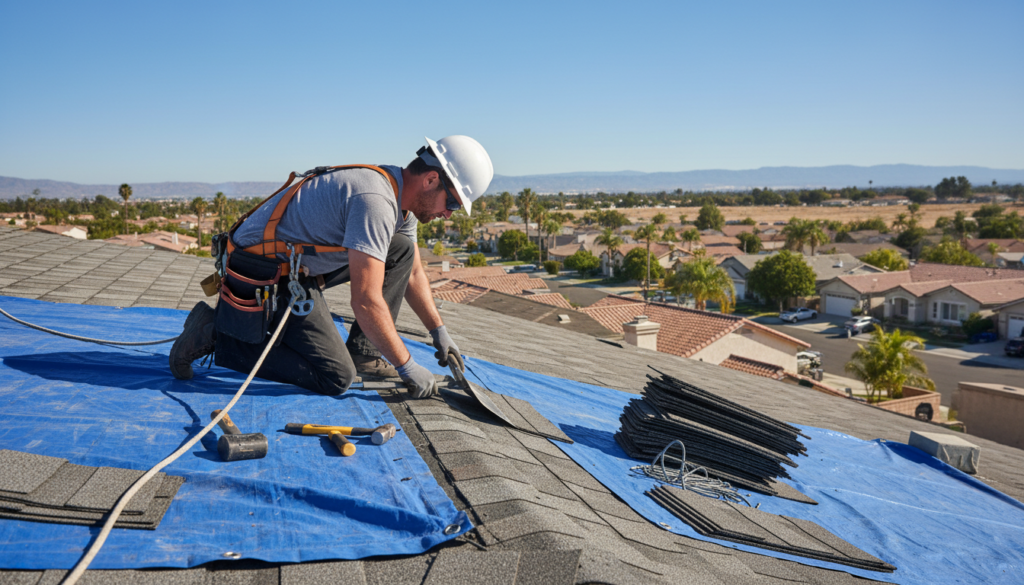 Professional roofing contractor performing storm damage roof repairs on residential home in Hemet showing repair work on damaged shingles