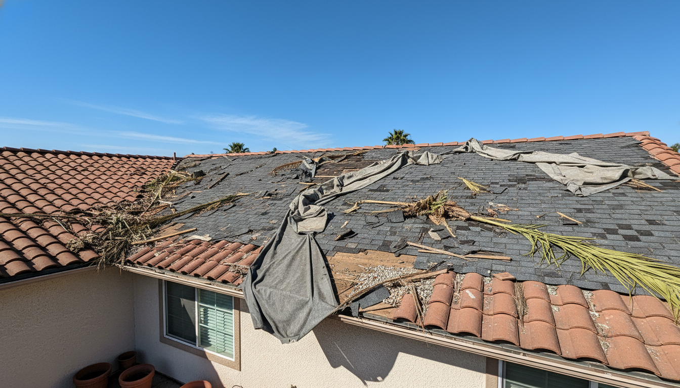 Storm damage roof replacement assessment in Hemet California showing wind and hail impact on residential roofing shingles