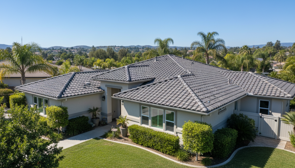 Well-maintained residential roof in Hemet California showing proper care and maintenance after storm damage roof replacement with clean gutters and trimmed trees