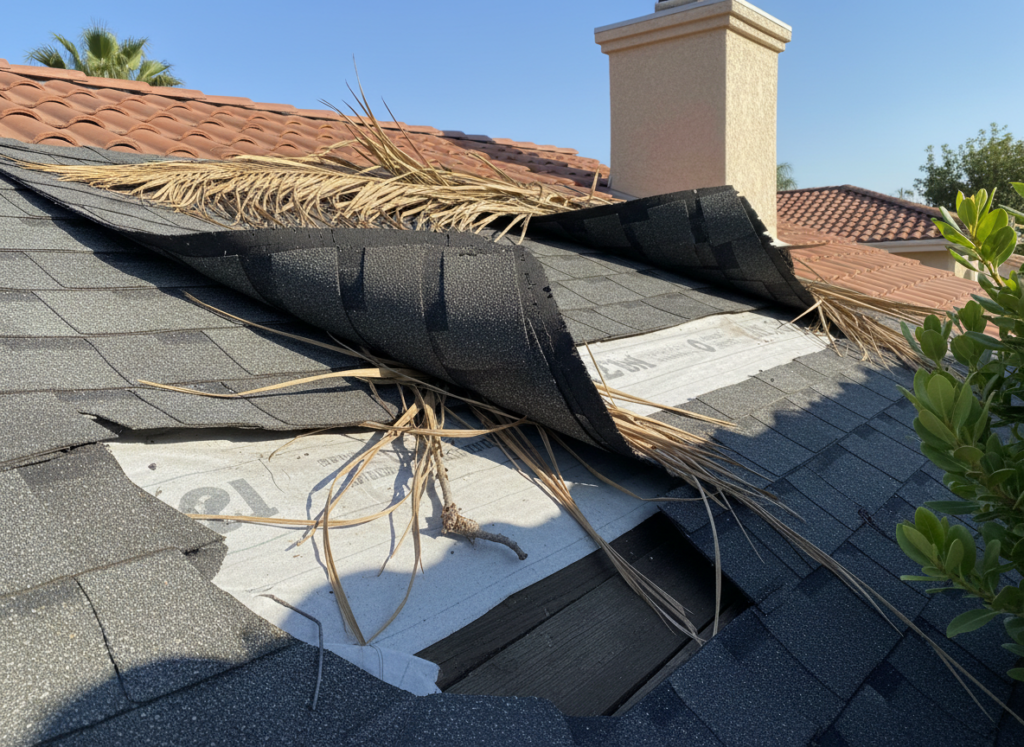 Wind-damaged roof shingles lifted and torn showing storm damage in Hemet California residential area with visible underlayment exposure