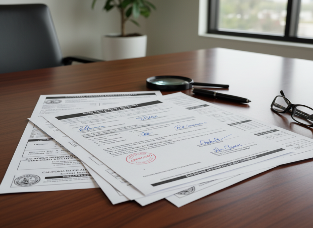 building permit documents and inspection paperwork for roof replacement project