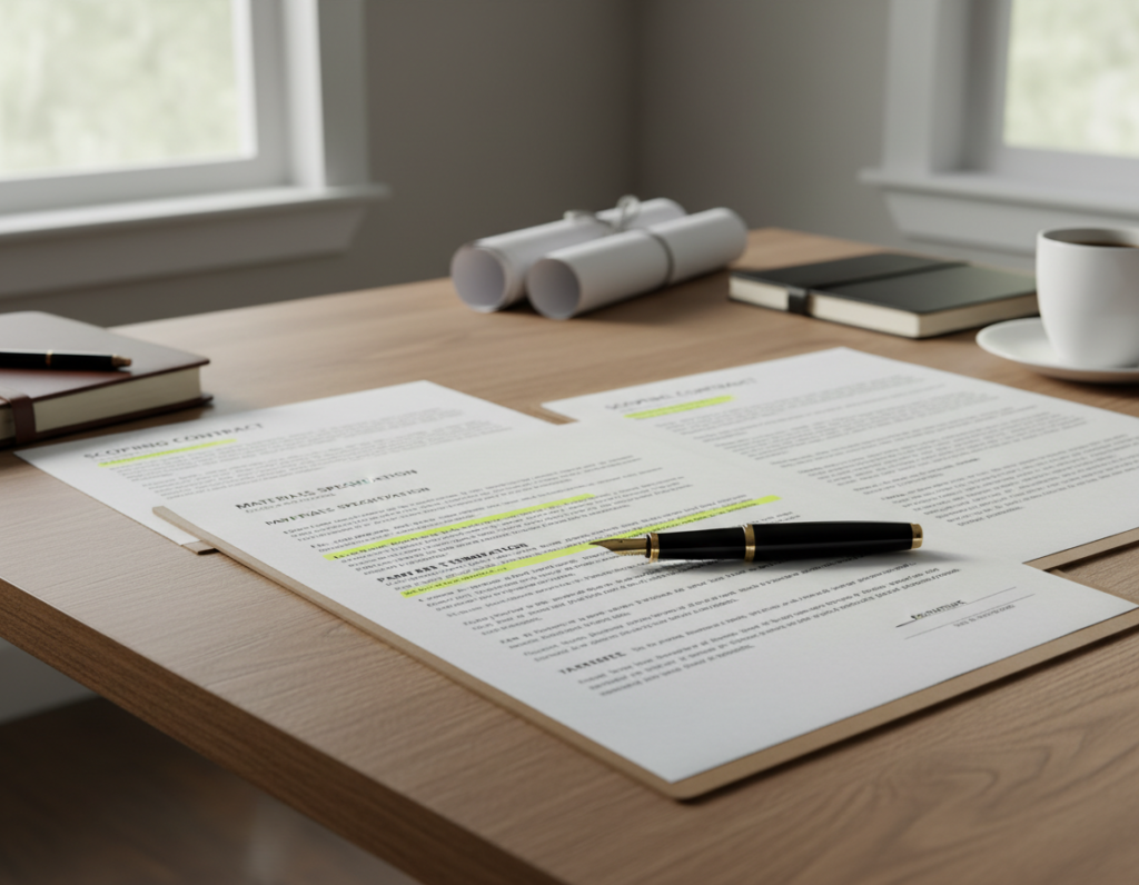 detailed roofing contract with highlighted important terms and conditions