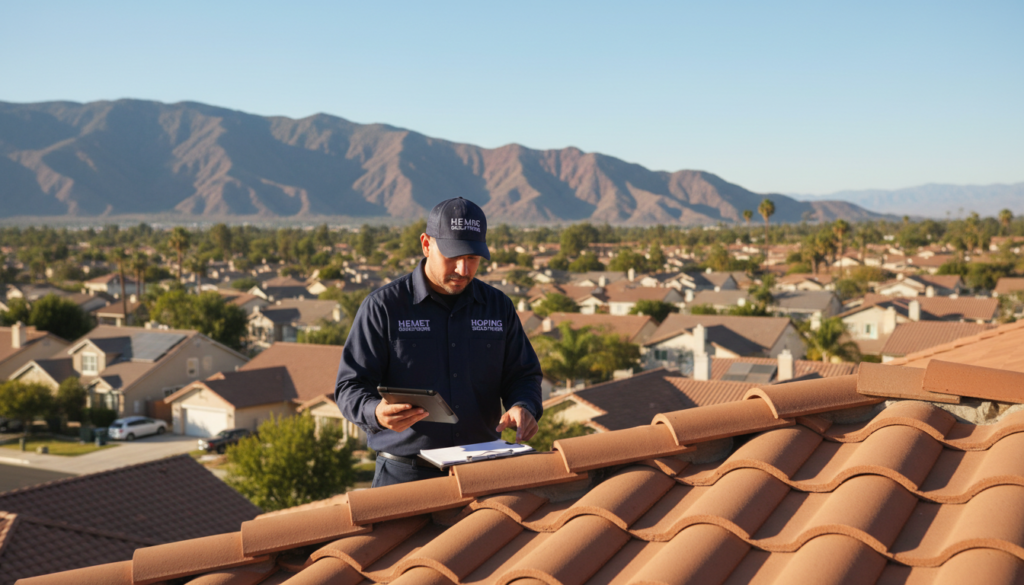 experienced roofing contractor inspecting roof in Hemet California residential area