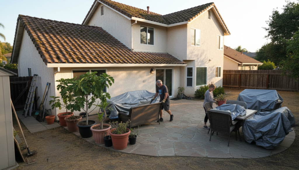 homeowner preparing property for roof replacement by moving outdoor furniture