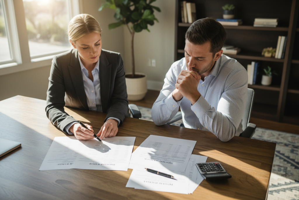 homeowner reviewing detailed roofing cost estimate with contractor