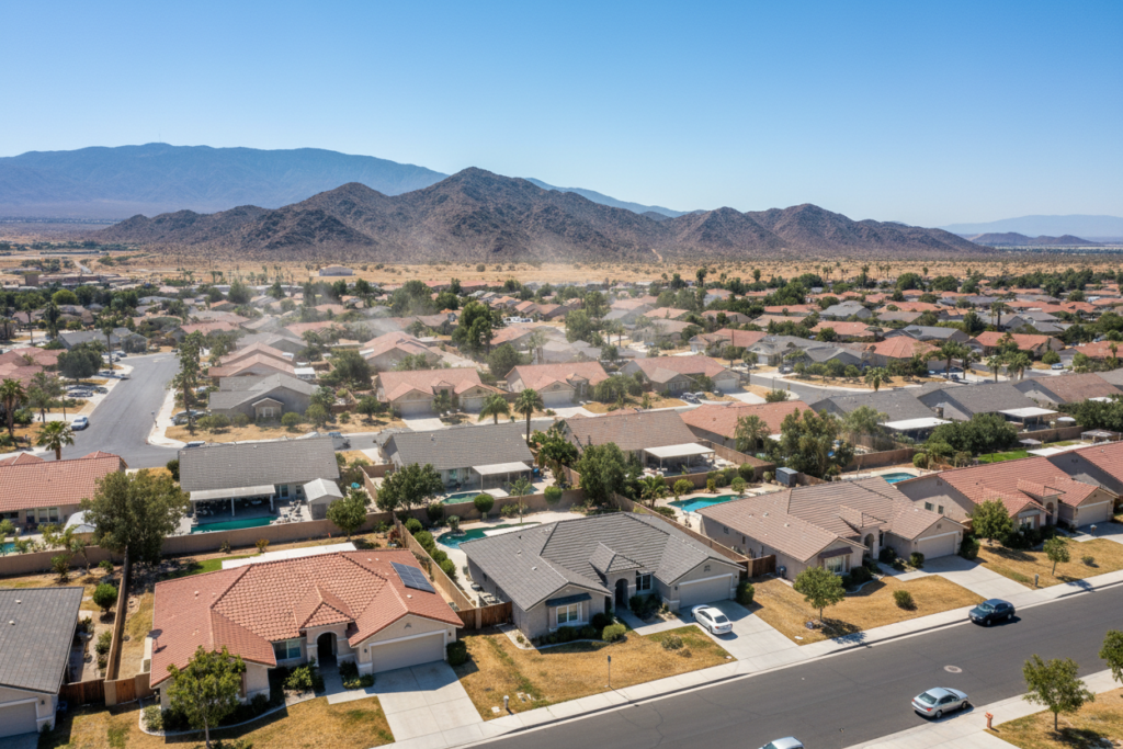 intense sun beating down on Hemet California residential roofs showing heat damage