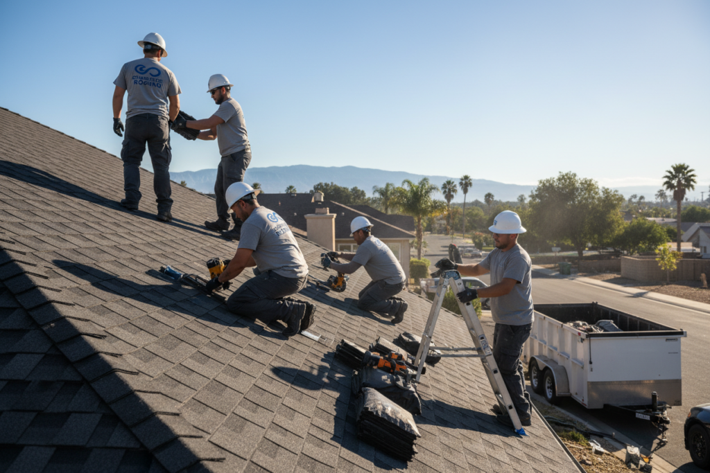 professional roofing crew working together on residential roof installation