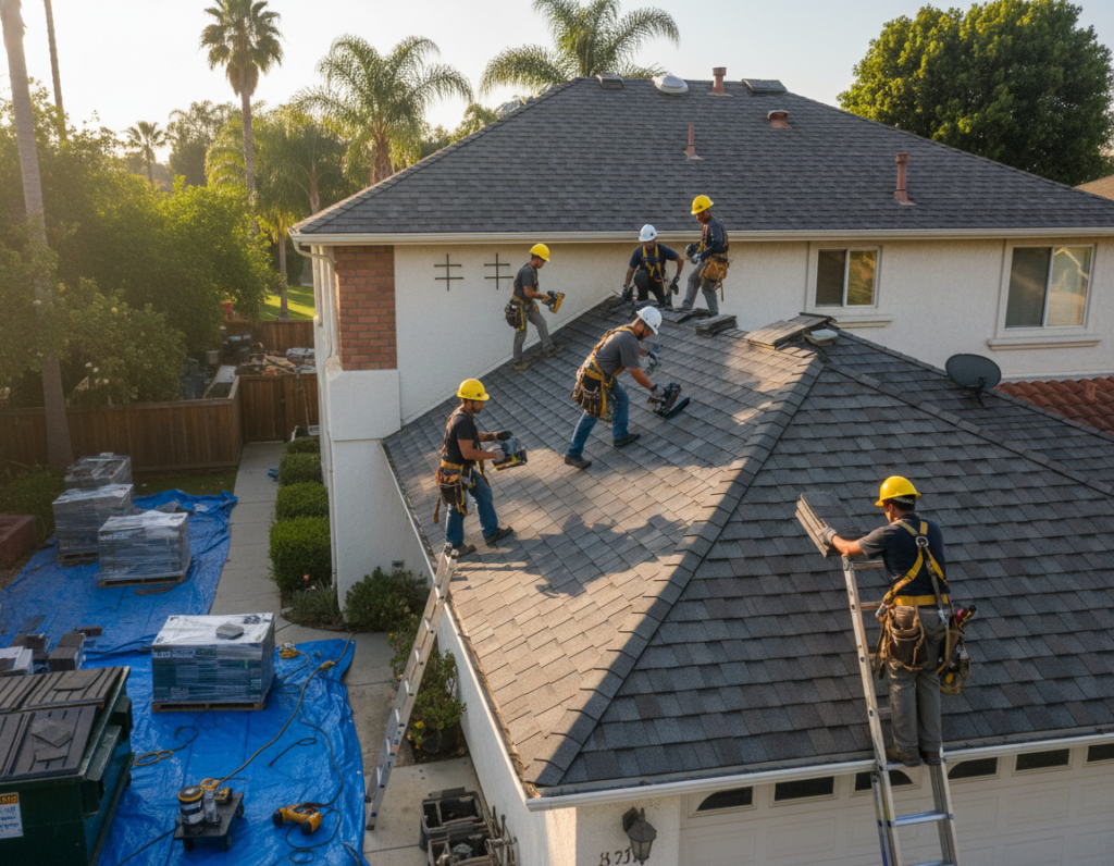 roofing contractor crew working on schedule installing new roof on California home