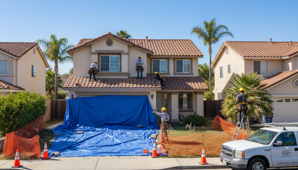 roofing crew using proper safety equipment and property protection measures