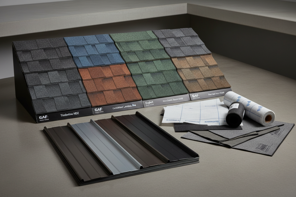 various roofing materials samples showing asphalt shingles and metal roofing options