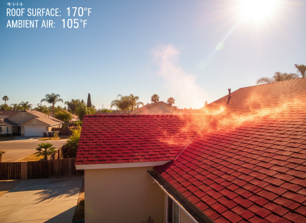 Hemet California extreme summer heat showing roof surface temperature and energy consumption
