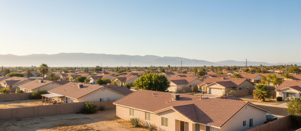 Hemet California landscape showing hot desert climate and residential roofs