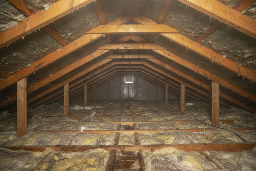 attic showing heat buildup and moisture accumulation from poor ventilation