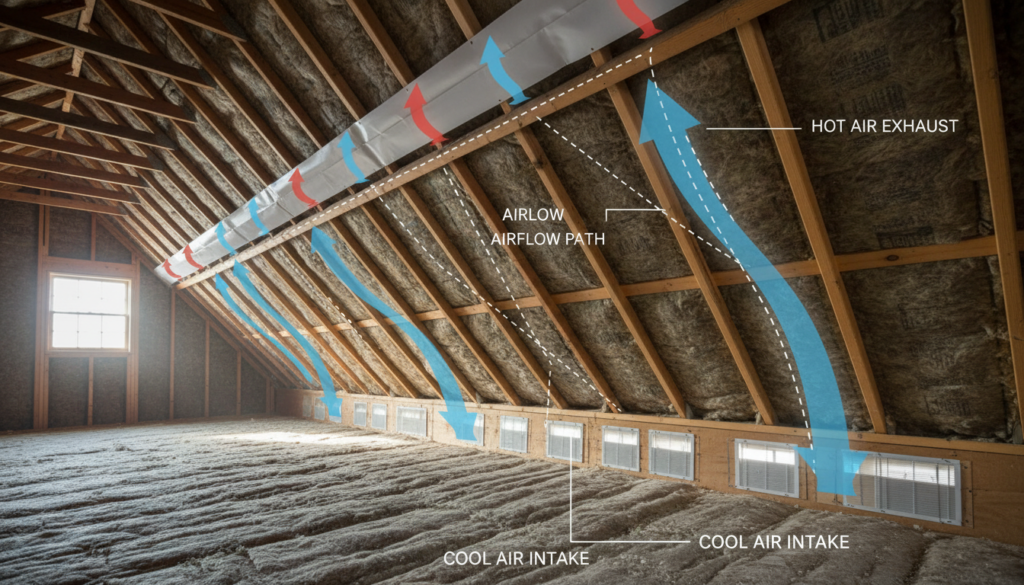attic showing intake soffit vents and ridge exhaust vents