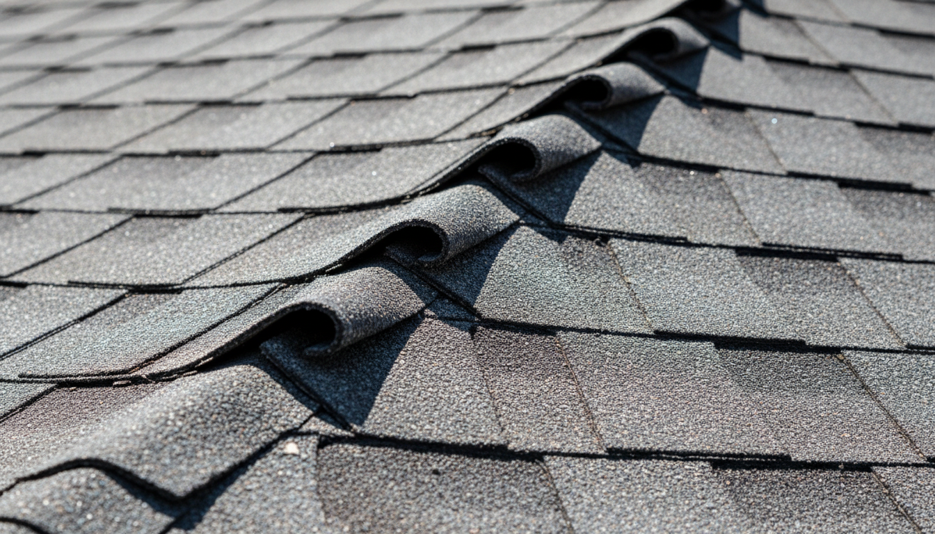close-up of curled and damaged roof shingles from poor ventilation