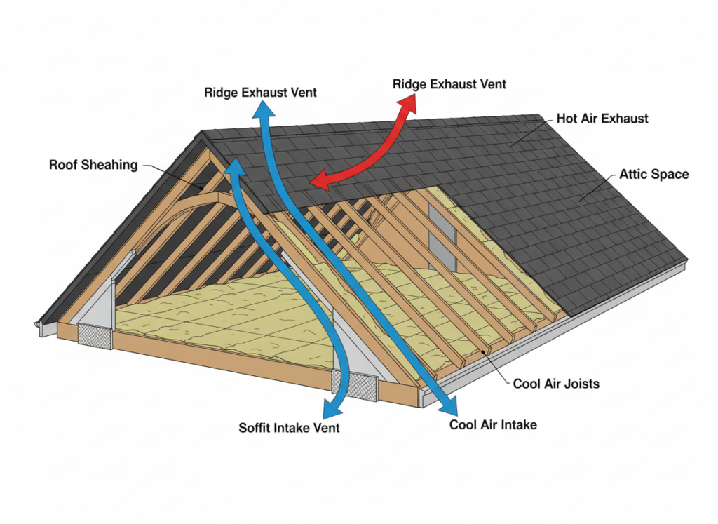 diagram showing proper attic ventilation system with intake and exhaust vents