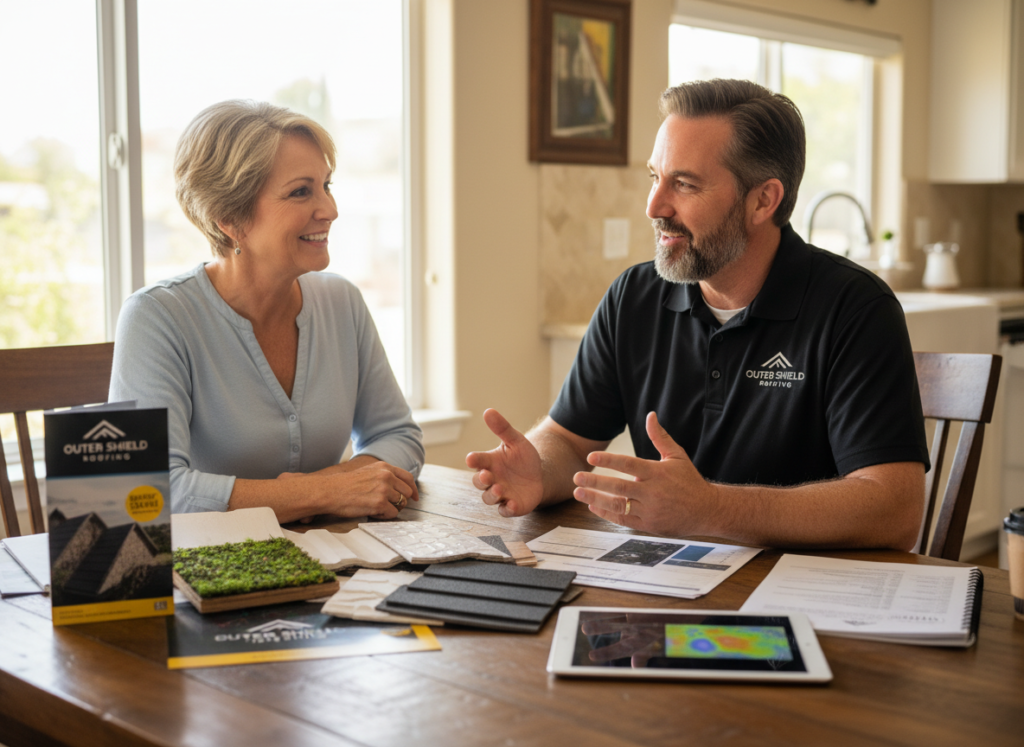 homeowner consultation for energy efficient roof installation