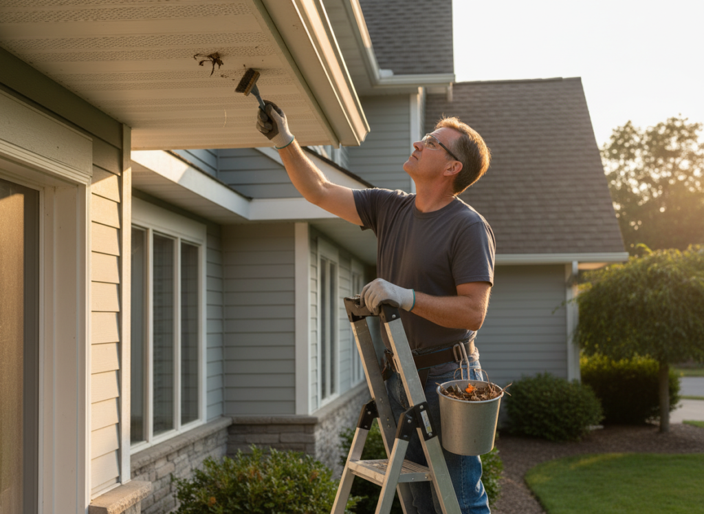 homeowner inspecting soffit vents for blockages affecting ventilation system