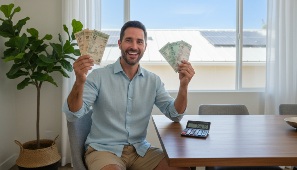 homeowner reviewing reduced energy bills after installing energy efficient roof