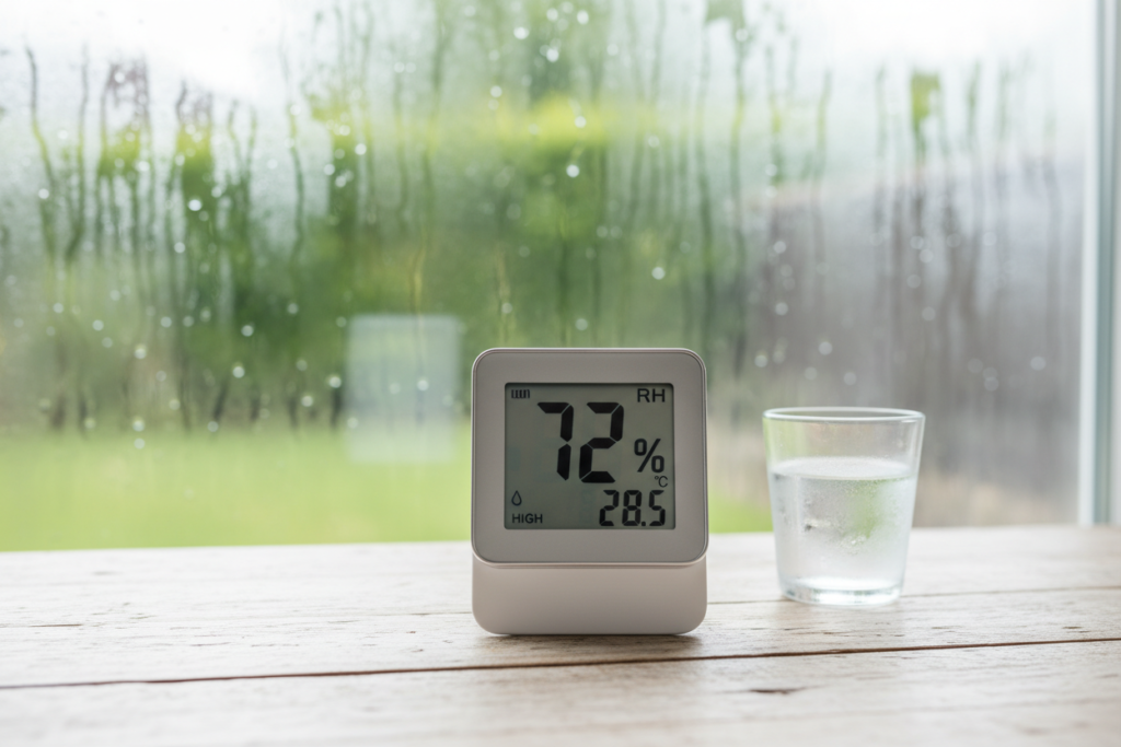 indoor humidity meter showing high moisture levels