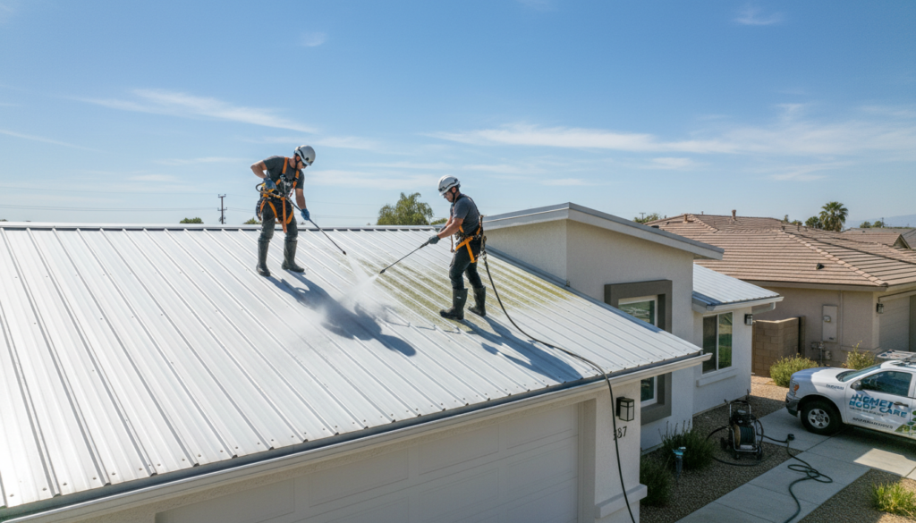 professional roof cleaning maintaining energy efficient roof reflectivity