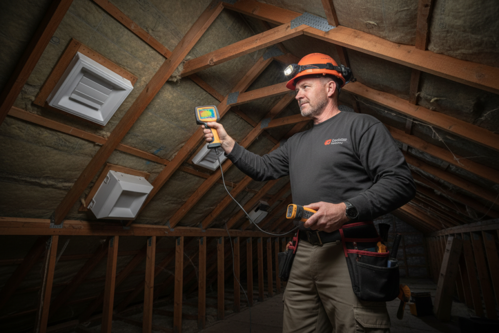 professional roofing inspector examining attic ventilation system