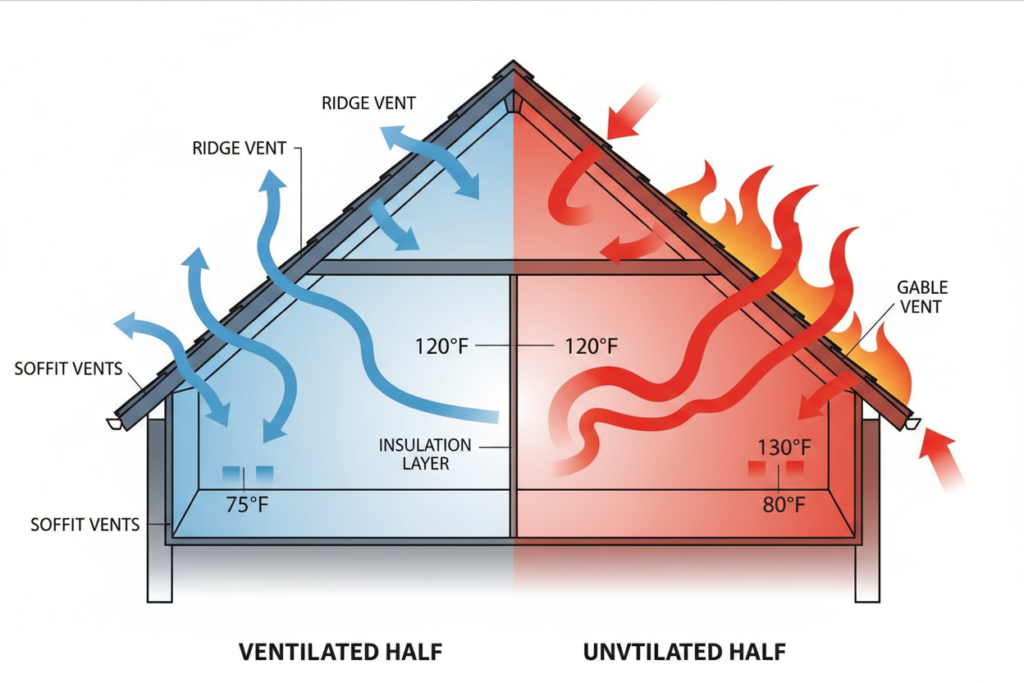 proper attic ventilation diagram showing intake and exhaust vents for home energy efficiency