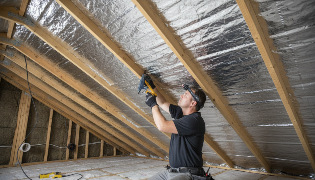 radiant barrier installation in attic space for energy efficient roof system