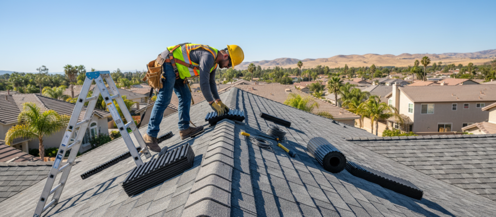 roofing contractor installing ridge vent on residential roof