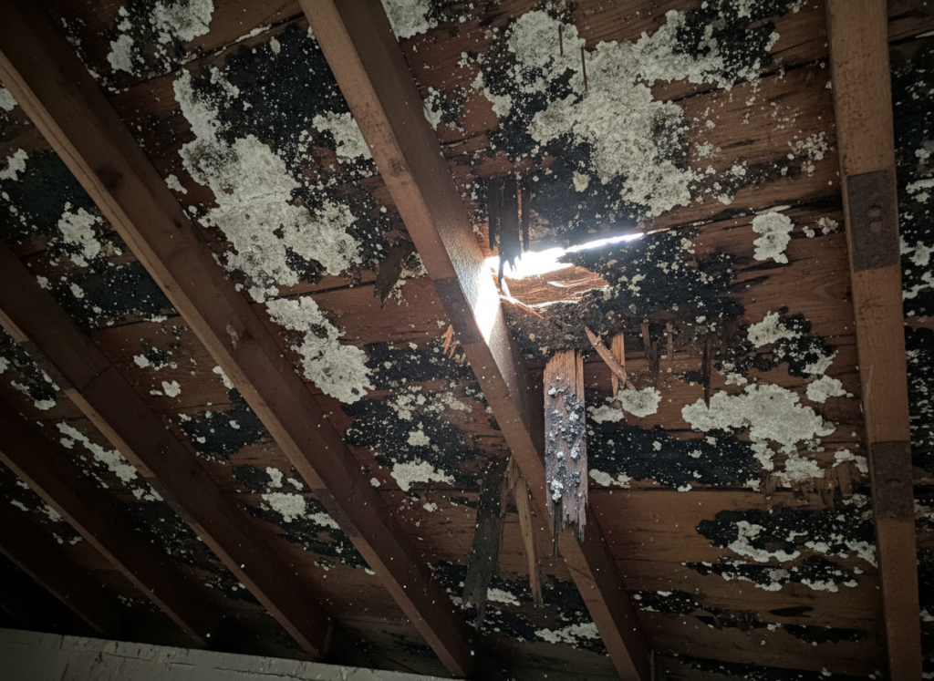 rotted wood decking in attic from poor ventilation and moisture